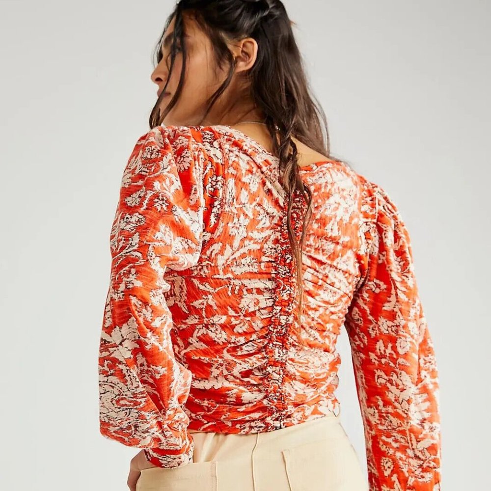 Free‎ People Say The Word Floral Print V-Neck Long Blouson Sleeve Ruched Top XS - Picture 2 of 11